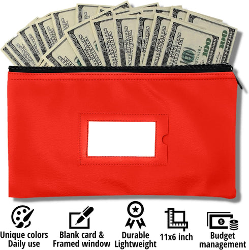 Money Bank Deposit Bag with Zipper, 11x6 inch, Red, Durable Leatherette Wallet Pouch with Framed ID Window