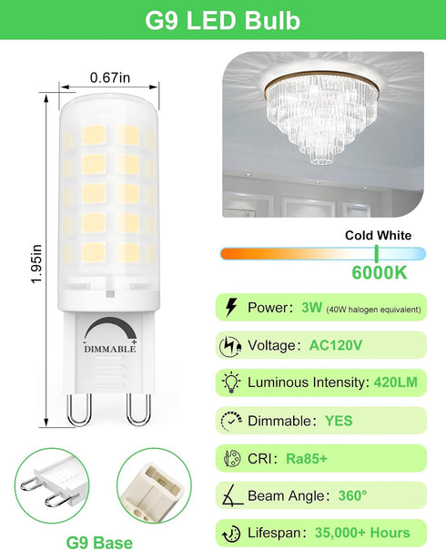 G9 Bulb Dimmable 3W, 40 T4 G9 6000K 120V 420LM (12 Pack) BAOMING LED Watt Halogen Equivalent, Daylight White
