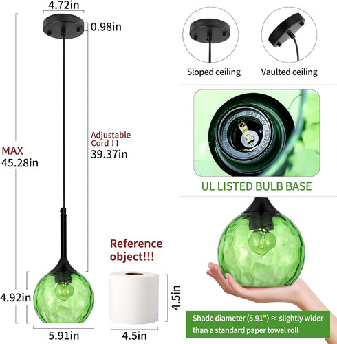 JHLBYL 5.91'' 1-Light Hammered E26 Glass Pendant Lights Kitchen Island: Green Glass Pendant Light with Black Finish