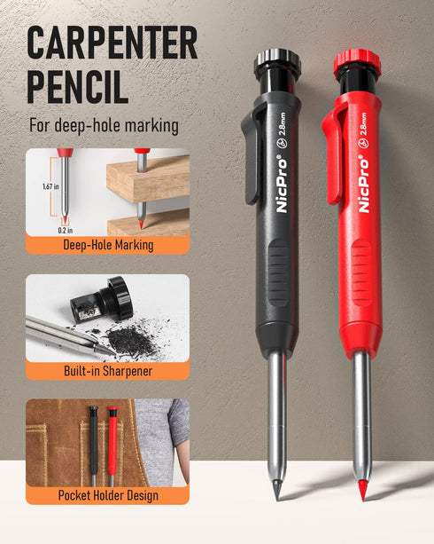 Nicpro 2Pack Carpenter Pencil with Sharpener, Mechanical Carpenter Pencils with 26 Refills (Red, Black, Yellow), Deep Hole Marker Construction Heavy Duty Woodworking Pencils for Architect by Nicpro