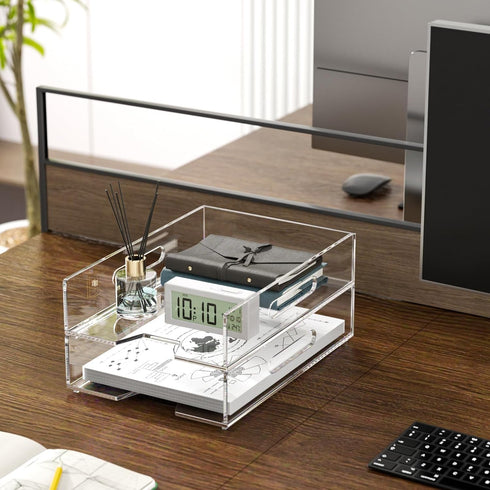 HIIMIEI Clear Acrylic Paper Organizer for Desk, Stackable 2 Tier Letter Tray for Home, School, Office