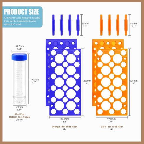 28 Well Plastic Test Tube Stand Bracket Rack Detachable Centrifuge Tube Rack + 25Pcs 50ml Flat Bottom Centrifuge Tubes Container with Graduated Non-Pyrogenic