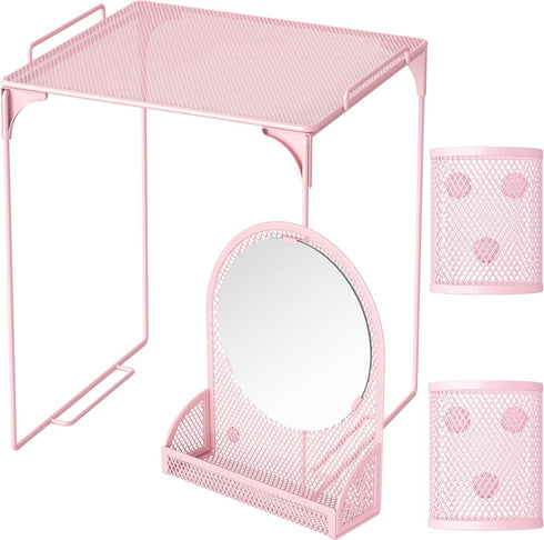 Locker Shelf with Locker Mirror Magnetic & 2 Magnetic Pen Cups, Organizer for Work, Mesh Metal Locker Accessories Kit