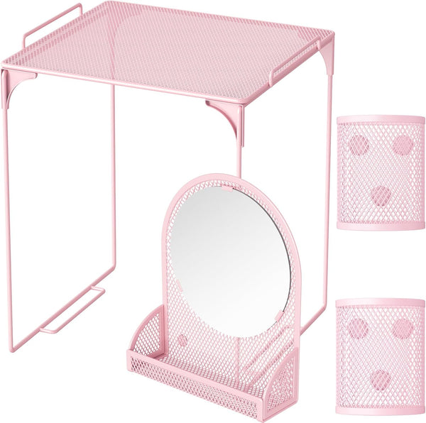 Locker Shelf with Locker Mirror Magnetic & 2 Magnetic Pen Cups, Organizer for Work, Mesh Metal Locker Accessories Kit