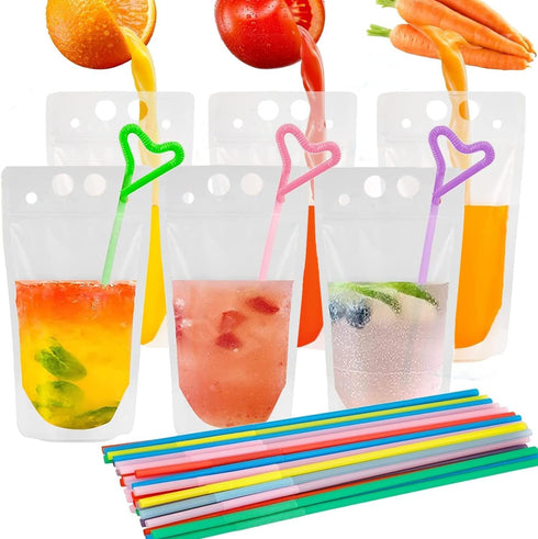 100 Sets Pcs Drink Pouches with Straws, Freezable Drink Bags Juice Pouches for Adults and Kids, Reclosable Zipper
