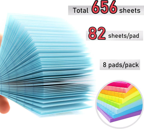 Lined Sticky Notes 3x3 in - Bright Ruled Colorful Memo Pads, 82 Sheets/pad, 8 Pads/Pack