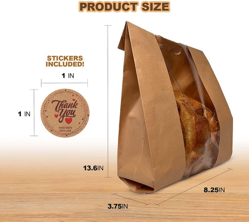 ALPHA LOTUS STORE 50pcs, Packing 13.6 8.25 3.75 inches Paper Bread Bags with window, Large bakery bread bags