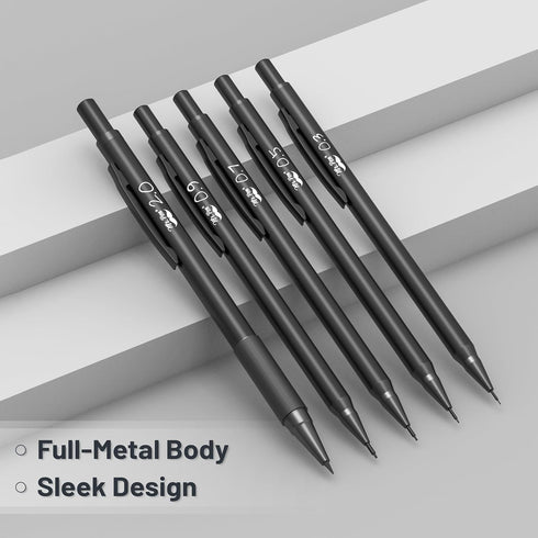 Mr. Pen Metal Mechanical Pencil Set with Lead and Eraser Refills, 5 Sizes, Black, Drawing Mechanical Pencils