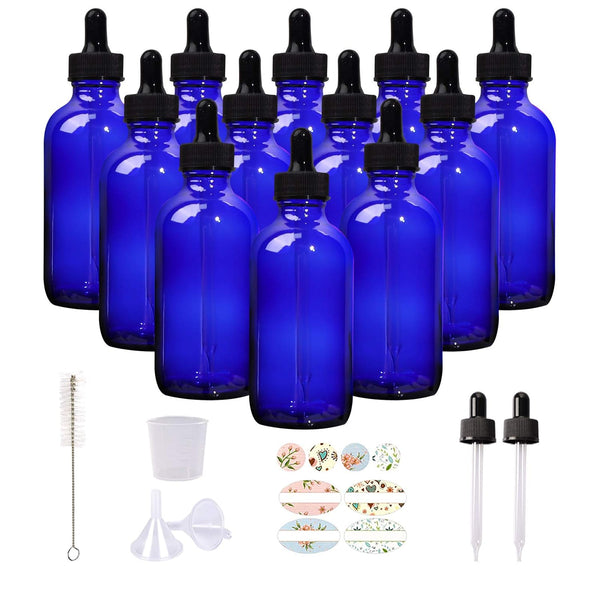 12 Pack 4oz Cobalt Blue Glass Bottles with Glass Eye Droppers, Essential Oils, Perfumes & Lab Chemicals