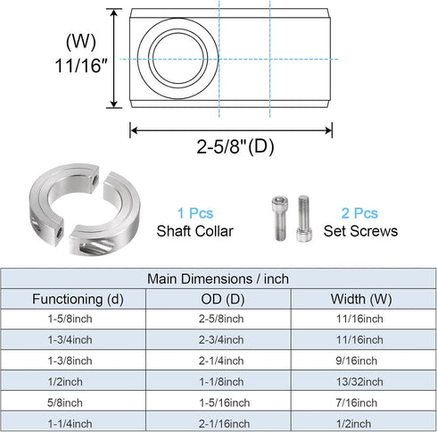 HARFINGTON Shaft Collar for 1-5/8" Rod, 2-5/8" OD, 11/16" Width, 304 Stainless Steel Double Split Axle Clamp-On Collar