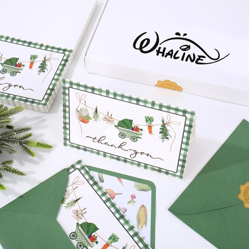 50 Pack 4 6 Inch Whaline Baby Shower Thank You Cards Boxed Green Plaid Vegetable Greeting Cards with Envelopes Stickers