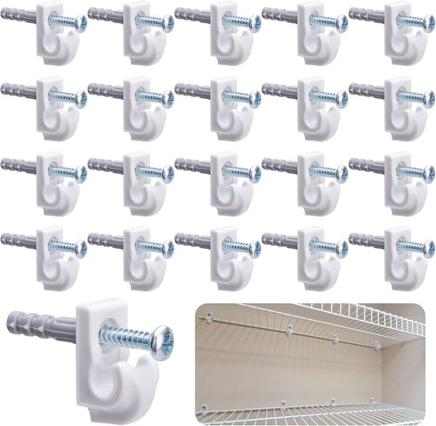 25 Pcs White Down Wall Clips, Wire Shelf Brackets Loop Clips, Plastic Closet Shelves with Screws and Tubes