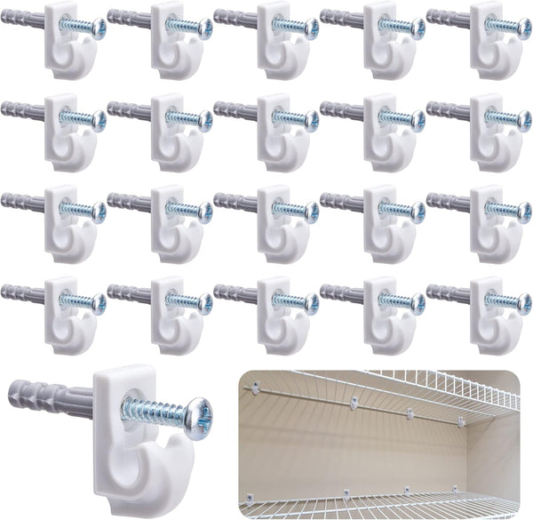 25 Pcs White Down Wall Clips, Wire Shelf Brackets Loop Clips, Plastic Closet Shelves with Screws and Tubes