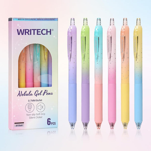 WRITECH Gel Pens Fine Point 0.7mm, 6ct Black Ink Retractable Pens with Aesthetic Gradient Color Barrel for Journaling