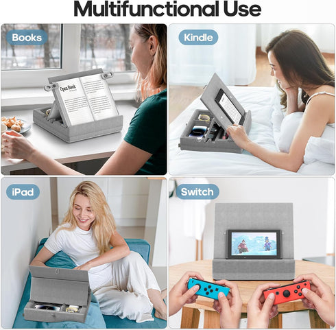 KDD Multi-Angle Book Stand with Storage, Foldable Tablet Holder for Lap, Desk, Bed, Couch, Organizer Tray (4.7"-15")