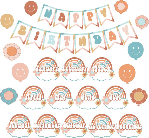 Groovy Happy Birthday Bulletin Board Set - Retro Hippie Birthday Cutouts for Classroom Decor