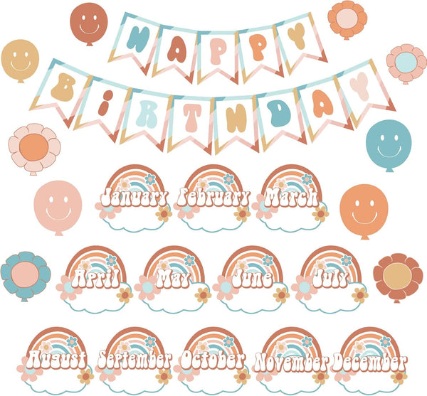 Groovy Happy Birthday Bulletin Board Set - Retro Hippie Birthday Cutouts for Classroom Decor