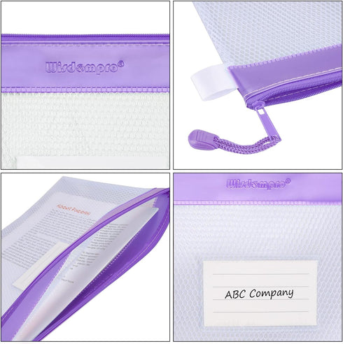 Wisdompro Zipper Pouch, 4 Packs Durable Letter Size Waterproof Mesh File Bag, Document Organizer - Purple