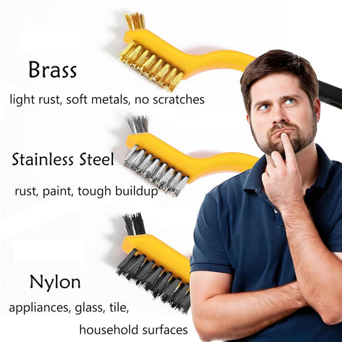 Set 6-Piece Wire Brush for Rust, Paint & Detail Cleaning Brass, Stainless Steel & Nylon Brushes with Curved Handle