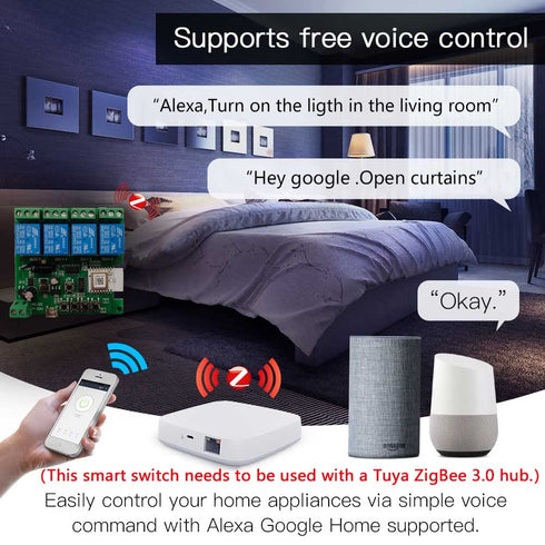 Zigbee Tuya Smart 4 Channel Smart Relay Module, 433RF Remote Control, USB 5V 7-32V, Jog/Lock Switch, Compatible with
