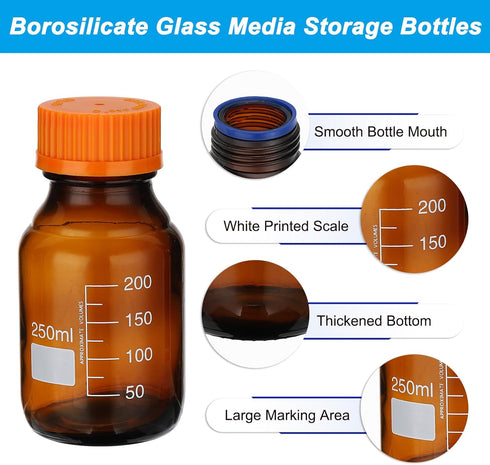 PATIKIL 4 Pack 250ml Borosilicate Glass Round Reagent Media Storage Bottles with Orange GL32 Screw Cap, Amber