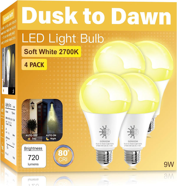 Gonhom 4 Pack Dusk to Dawn Light Bulbs Outdoor, 2700K Warm White, 720LM,