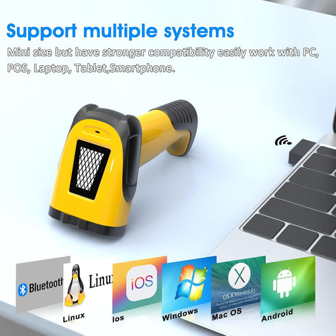 alacrity 2.4GHz 1D 2D Wireless & Bluetooth Handheld Barcode Scanner, Triple Mode USB Laser Scanning Gun for Android iOS