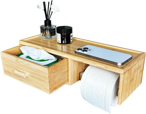 TEGUEPS Bamboo Toilet Paper Holder with Shelf,Wall Mount Bathroom Holder with Wet Wipes