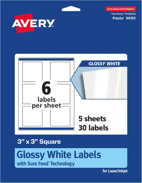 Avery Square Labels, 3" x 3", 30 Glossy White Labels with Sure Feed Technology (36480)