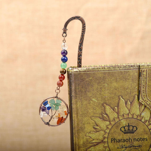 Jovivi Antique Copper Metal Bookmark with Handmade 7 Chakra Healing Crystals Tree of Life Tumbled Gemstones