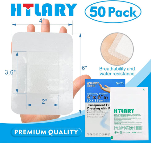 50-Pack (4x6) Waterproof Transparent Film Dressing with Absorbent Pad Sterile Adhesive Bandages Post-Surgical Wound