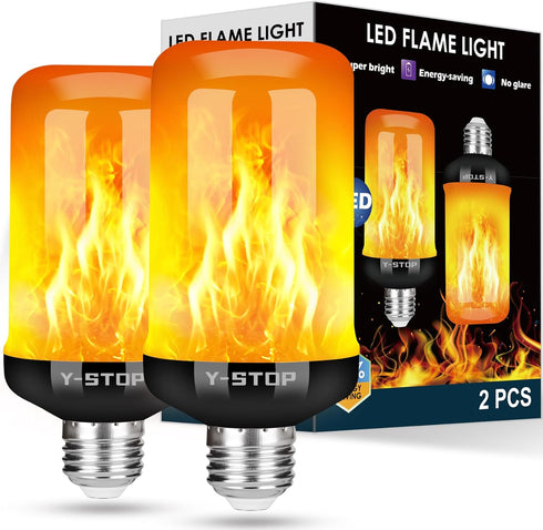 Y-STOP Upgraded LED Flame Light Bulbs, 4 Modes Flickering Light Bulb, E26 Base for Halloween, Christmas, 2 Pack
