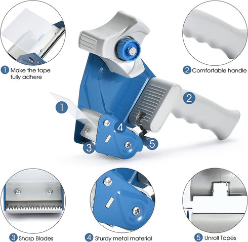 Packing Tape Dispenser Gun (4 Packs), Pacific Mailer 2 Inch Tape Gun with Carton Packing Tape, Lightweight Industrial