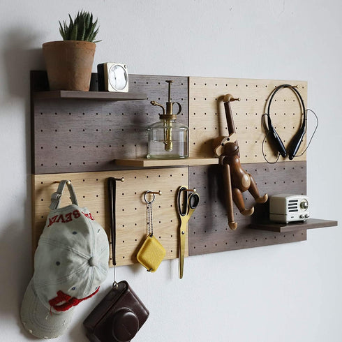 Wooden Pegboard, Sturdy Modular Grid Organizer for Walls, DIY Storage and Display Panels with Shelves and Brass Hooks