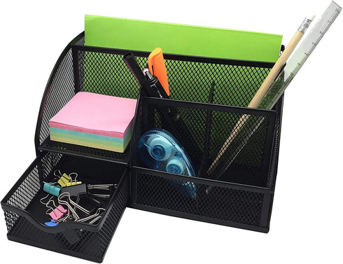 Exerz Desk Organizer Black Office Supplies, Desktop Pencil Pen Holder with Drawer for Home Workspace Storage
