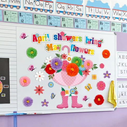 ojustbeok April Showers Bring May Flowers Bulletin Board Decorations, Spring Cutouts with 3D Tissue Paper Pompoms for