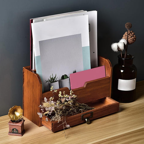 Wooden Desktop Organizer Rack with Drawer for Storing Stamps, Notes, Paper Clips, Scissors