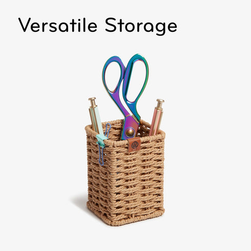 U Brands Woven Pencil Cup, Rattan-Inspired Wicker Style Office Organization Supplies, 1 Count