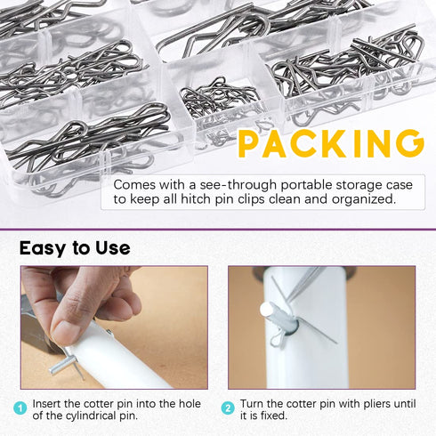 Swpeet 110Pcs R Shape Clips Assortment Kit, 304 Stainless Steel Cotter Pin Hair Pin Hitch Pin Fasteners, Multiple Sizes