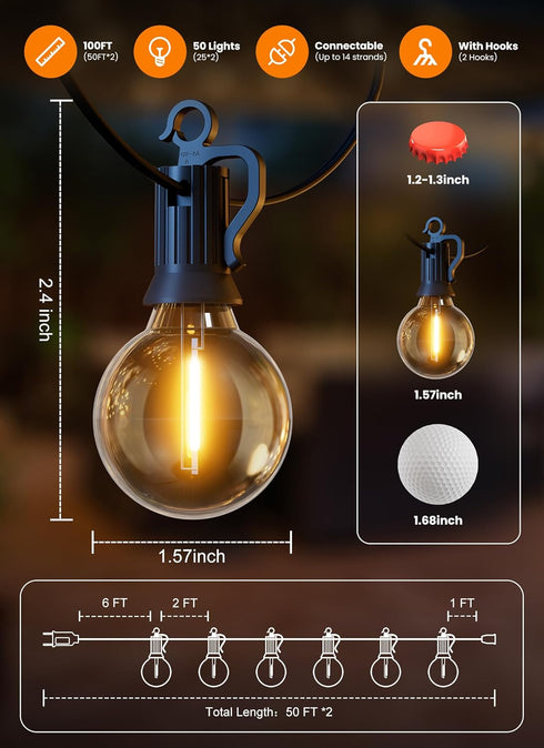 100FT 50 Bulbs 2200K Outdoor String Patio Lights LED String Lights Waterproof Connectable Shatterproof Hanging Outside