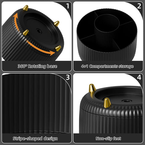 Marbrasse Desk Organizer, 360-Degree Rotating Pen Holder with 5 Compartments for Office, Home, Black