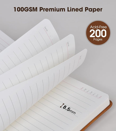 Brown A5 Lined Leather Journal Notebook, 5.9" x 8.4", Personalized Hardcover Journal with Pen, 200 Pages, 100 GSM Thick