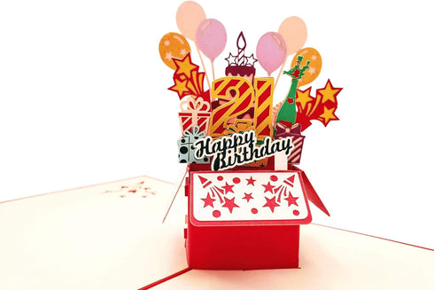 iGifts And Cards Happy 21st Red Birthday Party Box - 3D Pop Up Greeting Card for Unique Celebration, Balloons, Gifts