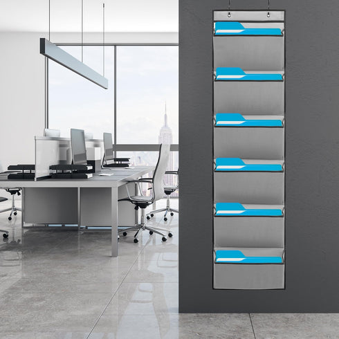 Wall Mounted File Holder - Over Door Hanging Mail Organizer for Papers, Magazines, and Books (7 POCKETS-GREY)
