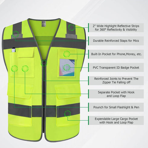 TCCFCCT Reflective Safety Vest for Men, 5 Pockets Durable High Visibility Construction Vest, ANSI/ISEA Standards,