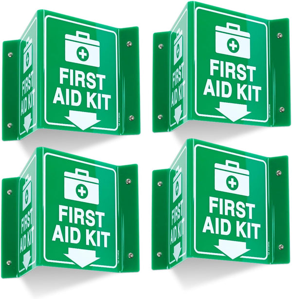 T&R First Aid Kit Sign with Down Arrow, 4 Pack, 8 x 6 Inches Acrylic, Includes Matching Screws