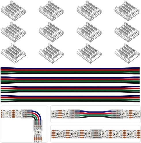 BTF-LIGHTING 4 Pin 10mm Connector Kit, 8pcs Corner Connector and 4pcs Gapless Solderless Connector for LED Strip