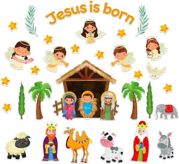 WaaHome Jesus is Born Bulletin Board Decorations Set, 38pcs Nativity Scene Cutouts for Christmas Classroom Decor
