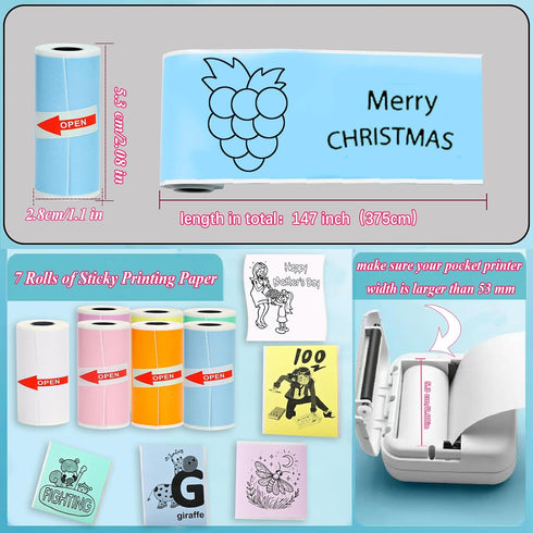 7 53x28mm T02/M02/M02S/PRO 3.75m Rolls Mini Printer Sticker Paper for Phomemo Mini Printers, Mini Colorful