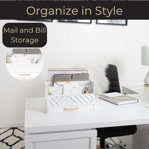 BLU MONACO White Wooden Desk Organizer with Gold Handle - Desk Organizers and Accessories for Home, Office, Classroom